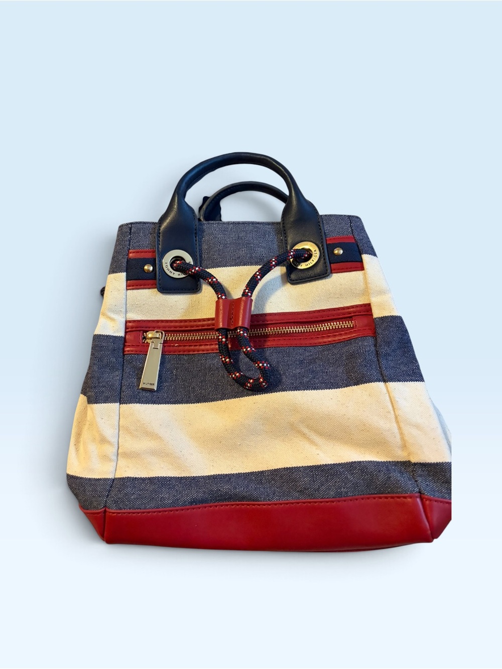 Tommy Hilfiger Navy, Cream & Red Striped Canvas Backpack Tote